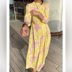 Never Fully Dressed Floral Prink & Yellow Fruit Motif Long Sleeve Midi Dress